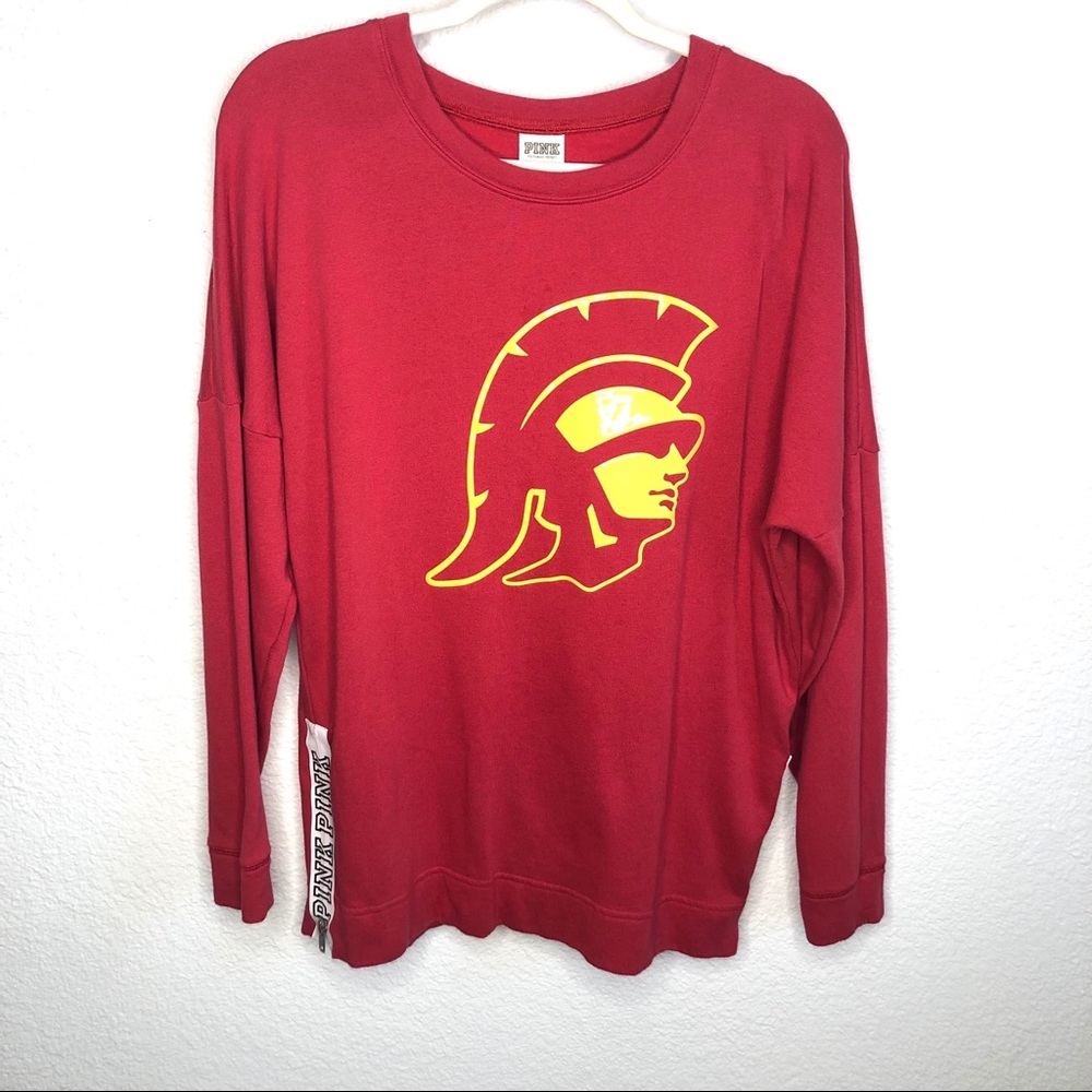 PINK Victoria Secret USC Trojans Women’s Red Crewneck Pullover Small Gold Zip